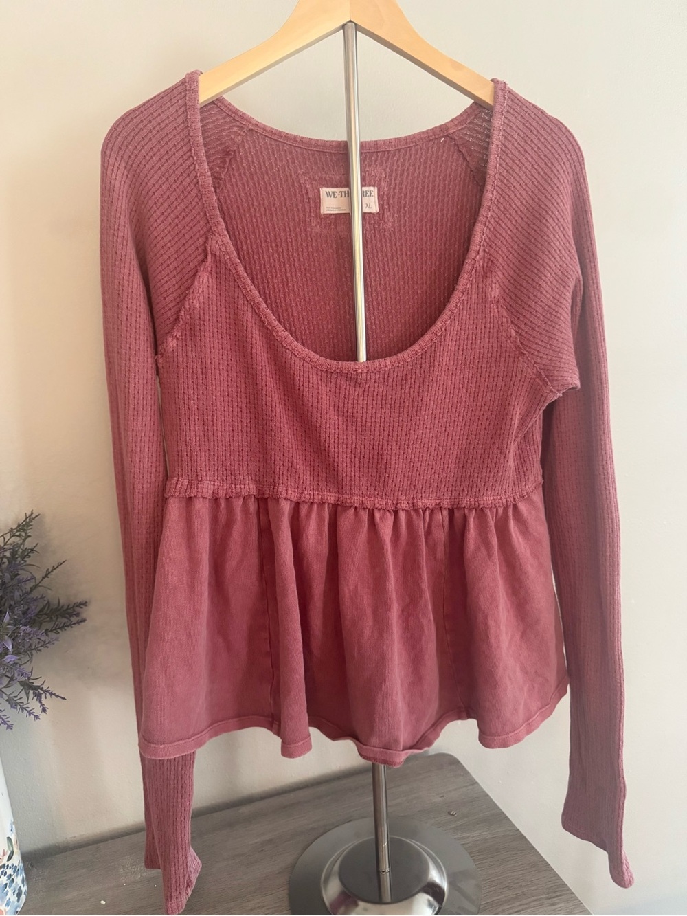 We The Free Mauve Waffle-Knit Long Sleeve Peplum Top